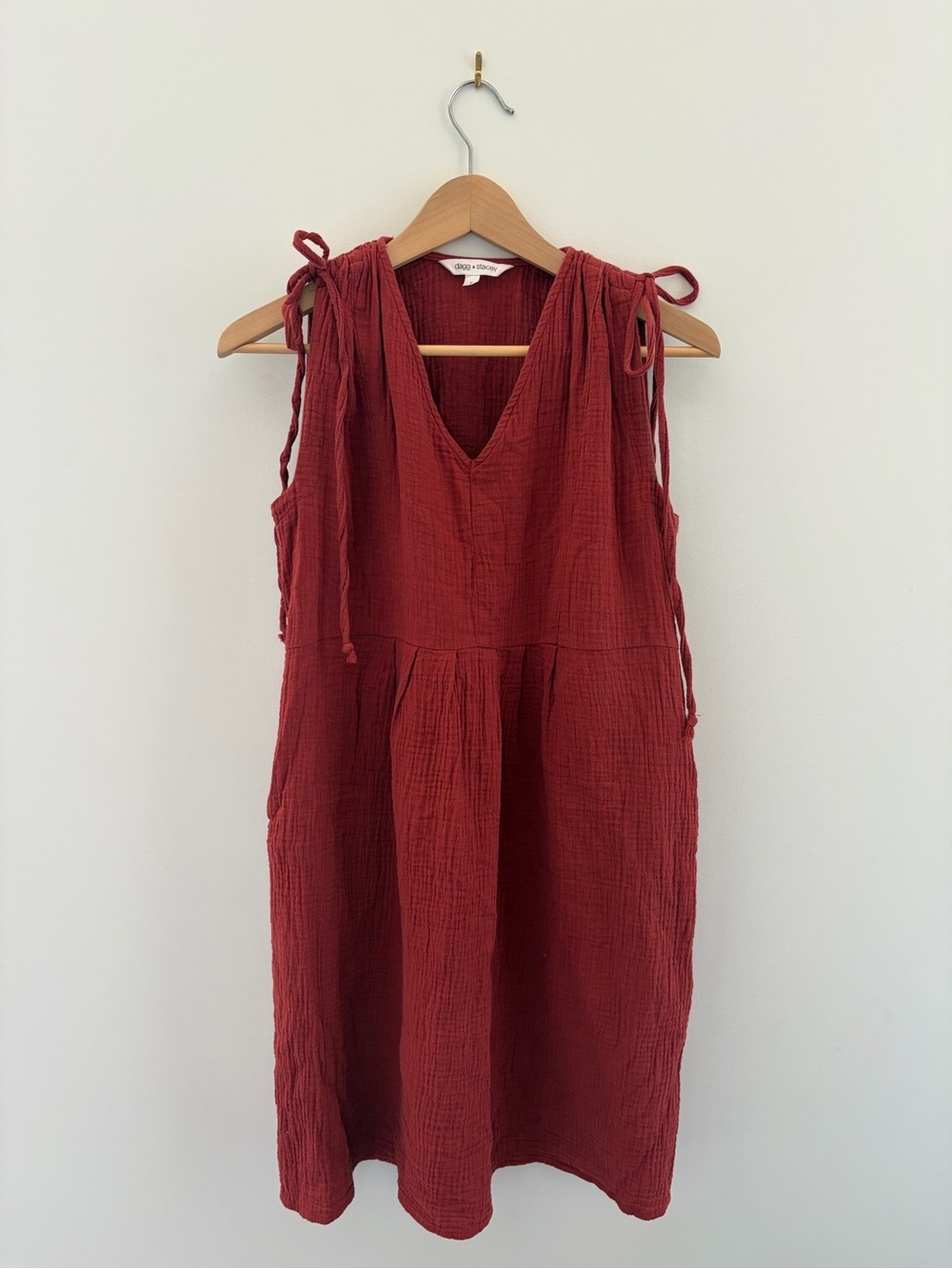 dagg & stacey Red Sleeveless V-Neck Midi Dress with Tie Shoulders, US 2